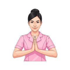 Smiling Asian Woman in Pink Uniform Giving Wai Greeting