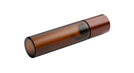 Transparent Brown Glass Perfume Vial with Black Seal Isolated for Beauty and Fragrance