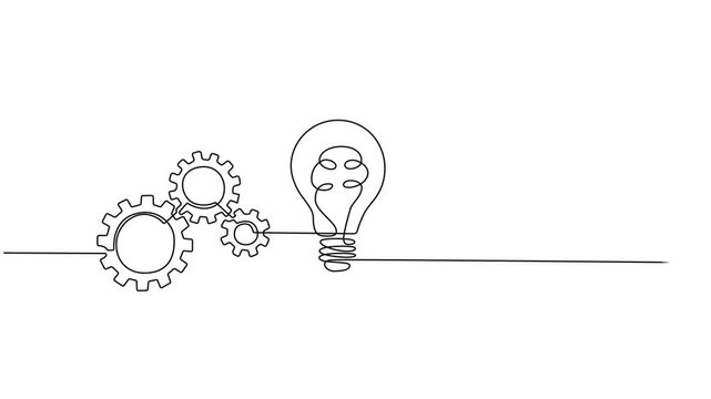Animated self drawing of continuous line draw gears and lights idea . Full length one line animation. 4K, Animation video of a light bulb with metal gears, Machinery company identity concept, auto.