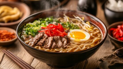 A steaming bowl of beef noodle soup, garnished with fresh cilantro and spices on a rustic wooden table