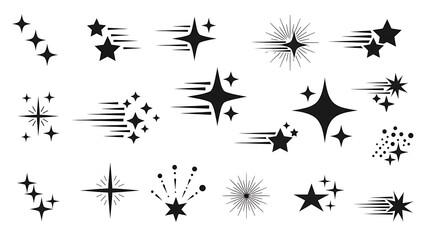 Fototapeta premium Diverse set of black sparkle and star vector icons showcasing radiating, trailing, and clustered effects, perfect for modern graphic design projects