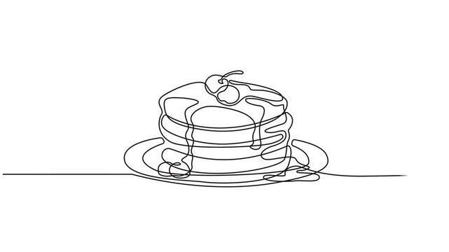 Animated self drawing of continuous line draw tall stack of pancakes drizzled with dripping syrup. Full length one line animation. 4K, Breakfast Brunch Dessert Vector Art. Tall Stack Pancakes video.
