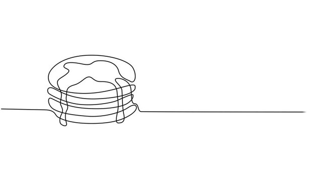 Animated self drawing of continuous line draw tall stack of pancakes drizzled with dripping syrup. Full length one line animation. 4K, Breakfast Brunch Dessert Vector Art. Tall Stack Pancakes video.