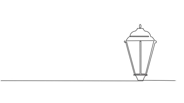 Animated self drawing of continuous line draw vintage garden lamp. Full length one line animation. 4K, Continuous one line drawing garden light, park light, or road light vector illustration, video.