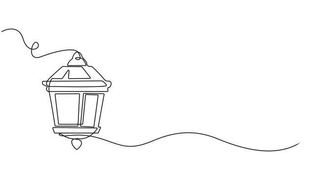 Animated self drawing of continuous line draw vintage garden lamp. Full length one line animation. 4K, Continuous one line drawing garden light, park light, or road light vector illustration, video.