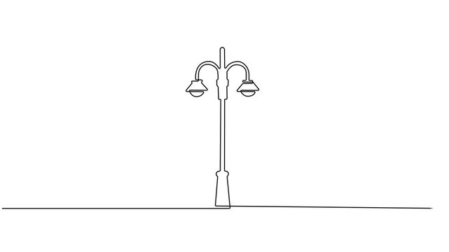 Animated self drawing of continuous line draw vintage garden lamp. Full length one line animation. 4K, Continuous one line drawing garden light, park light, or road light vector illustration, video.