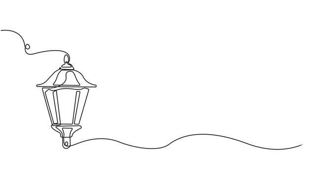 Animated self drawing of continuous line draw vintage garden lamp. Full length one line animation. 4K, Continuous one line drawing garden light, park light, or road light vector illustration, video.