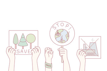 three hands holding environmental protest signs, pastel illustration of earth, trees, stop sign, declining