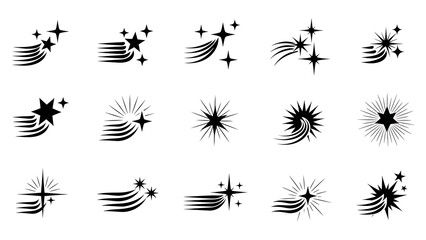 Obraz premium Vector collection of glistening star icons, sparkling starbursts, and comet trail designs, depicting shine, magic, and bright effects.