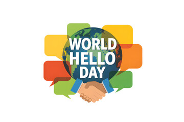 Celebrate World Hello Day fostering global connections with handshake and colorful speech bubbles, promoting peace and understanding across cultures
