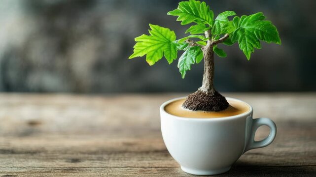 Video A small plant is sitting in a cup of coffee