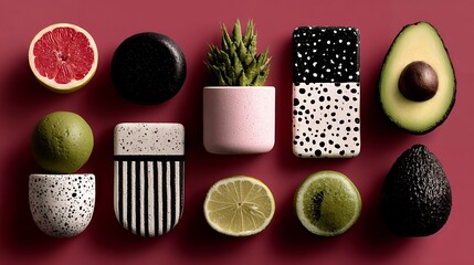 Memphis-inspired New Year flat lay, top-view arrangement with minimal geometric forms, dynamic patterns, soft yet vibrant color palette, quirky abstract decorations