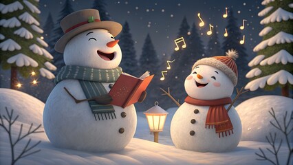 Snowman friends singing Christmas songs together in snowy winter night