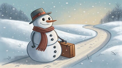 Snowman traveler with a suitcase on a winter pathway in a snowy landscape
