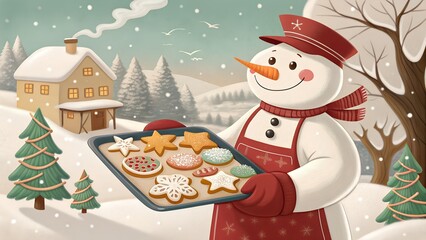 Snowman baker holding tray of Christmas cookies in snowy landscape with cabin