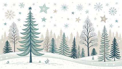 Minimalist Christmas pattern with trees, stars, and snowflakes in serene design