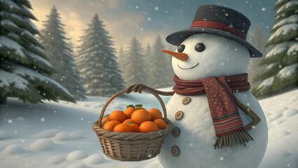 Snowman holding basket of tangerines in winter forest with snowy background
