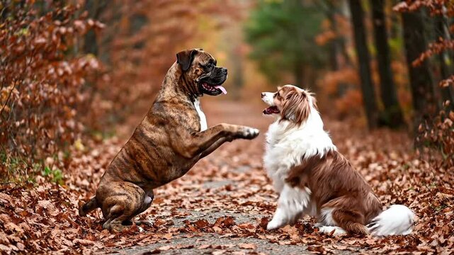 Two dogs a Boxer and an Australian Shepherd playing and interacting in an autumn forest setting.
