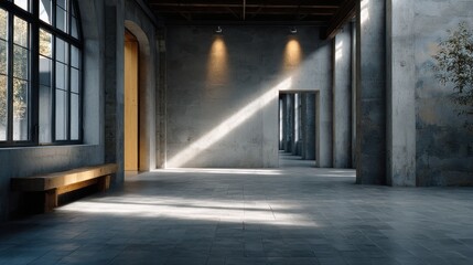 Fototapeta premium The modern interior of an empty industrial building features concrete walls, long windows, and a wooden bench. Sunlight shines through the windows and illuminates the stone floor. 