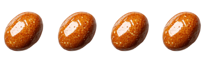 Four round light brown objects in a row on transparent background