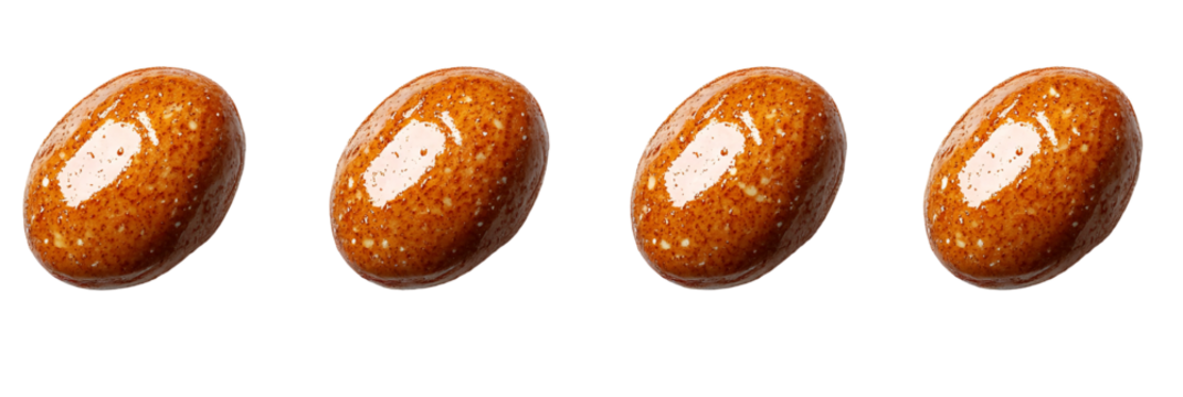Four round light brown objects in a row on transparent background - Powered by Adobe