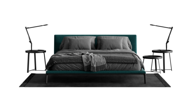 Black bed with a comforter and pillows on an isolated background.