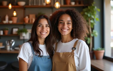 Lovely brazilian teammates with big smile looking at camera inside shop. owner, small business, successful, community concept.. High quality