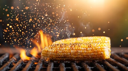 Enjoying delicious grilled corn on the cob with flames and smoke, its perfect for summertime cookouts