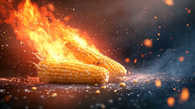 Enjoying delicious grilled corn on the cob with flames and smoke, its perfect for summertime cookouts - Powered by Adobe