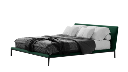 Contemporary bed with comforter and pillows on an isolated background. 