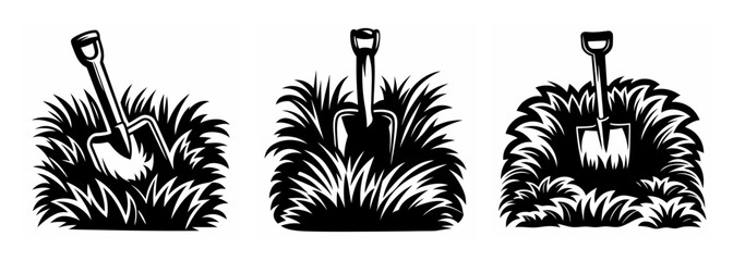 Three shovels stuck upright in lush grass symbolizing gardening and yard work projects © Abdur