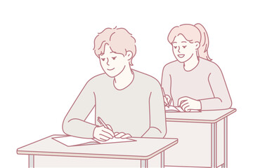Students focused on exam papers at desks, pens moving and concentrated expressions, quiet academic atmosphere filled with tension and dedication, scene suitable for education, testing, and study