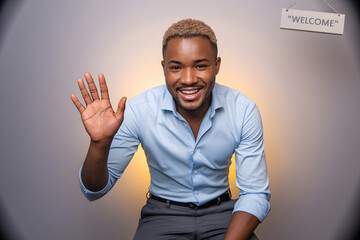 Friendly African American man smiling and waving hello, a welcoming gesture for modern business or personal connection, embodying positivity and approachability