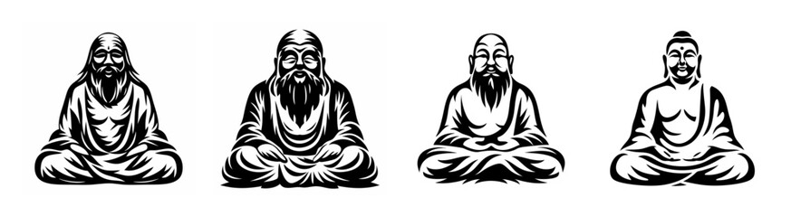 Four ancient sages meditating in lotus pose traditional art depicting wisdom serenity and spiritual enlightenment