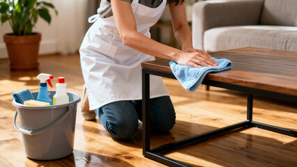Woman wearing apron kneels to wipe wooden table with blue cloth in bright living room. Natural light enters through window, creating warm atmosphere