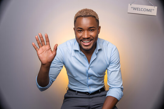Friendly African American man smiling and waving hello, a welcoming gesture for modern business or personal connection, embodying positivity and approachability