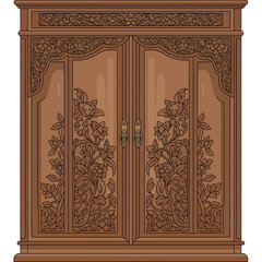 Ornate wooden wardrobe with intricate floral carvings and decorative handles