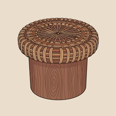 Rustic wooden stool with woven top, providing a touch of nature