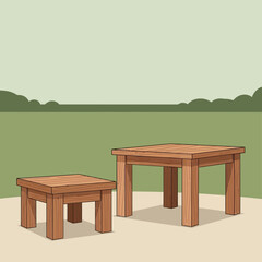 Rustic charm capturing two wooden tables with varying sizes in nature backdrop
