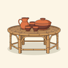 Still Life Illustration of Ceramic Pitcher, Bowl, and Cups on Bamboo Table