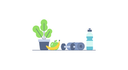 Healthy lifestyle essentials featuring plant, banana, apple, weights, yoga mat and water bottle, promoting fitness and wellbeing for a balanced routine