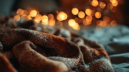 Warm woven textile lies beneath soft glowing decorative lights creating a cozy atmosphere