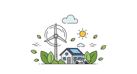 Sustainable living with wind turbine, solar panels, and electric car brings a bright future, showcasing eco friendly home and renewable energy solutions