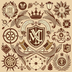 Vintage heraldic crests emblems and decorative elements in sepia tones vector illustration