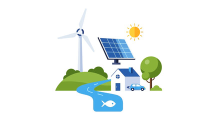 Sustainable living with wind power and solar panels for a greener future, showing renewable energy sources and eco-friendly home design in a vibrant setting