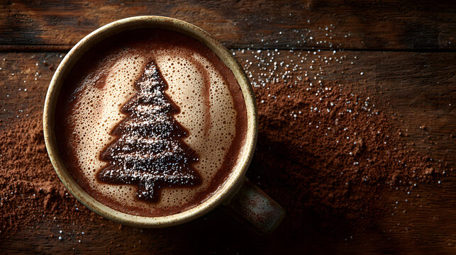 Cup with cocoa with Christmas tree made of powdered cocoa, wooden holiday background. Top view. Holiday food art. Happy New Year. For poster, banner, greeting card, web. Copy space. Merry Christmas