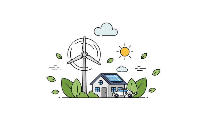 Sustainable living with wind turbine, solar panels, and electric car brings a bright future, showcasing eco friendly home and renewable energy solutions