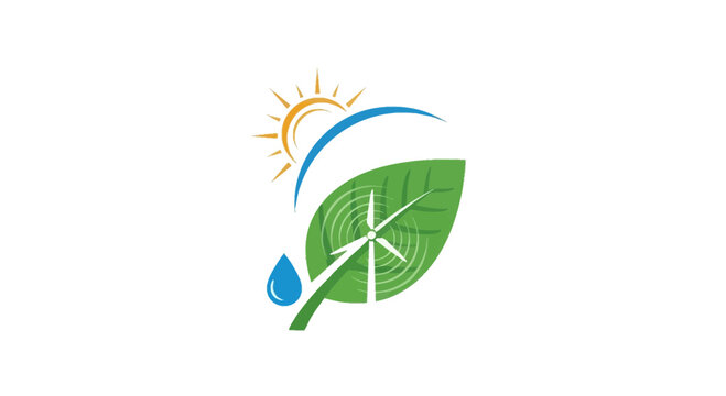 Embrace clean energy with this vibrant logo design featuring a leaf, water droplet, sun, and wind turbine, perfect for sustainable business branding and promotion