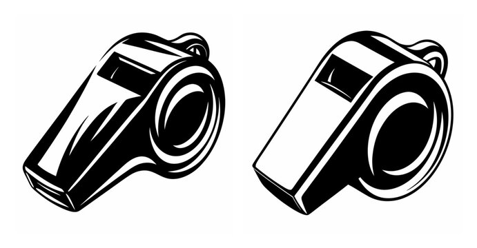 Two metallic sports whistles shown side by side against a white backdrop symbolizing referee action and game commands