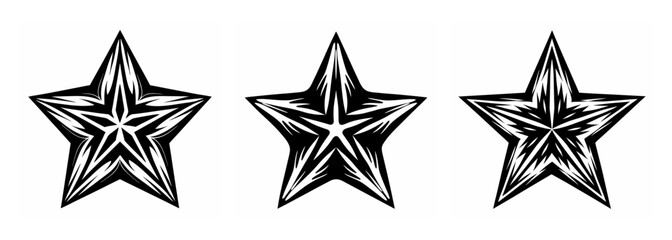 Three hand-drawn five-pointed stars with textured shaded details and grunge artistic style